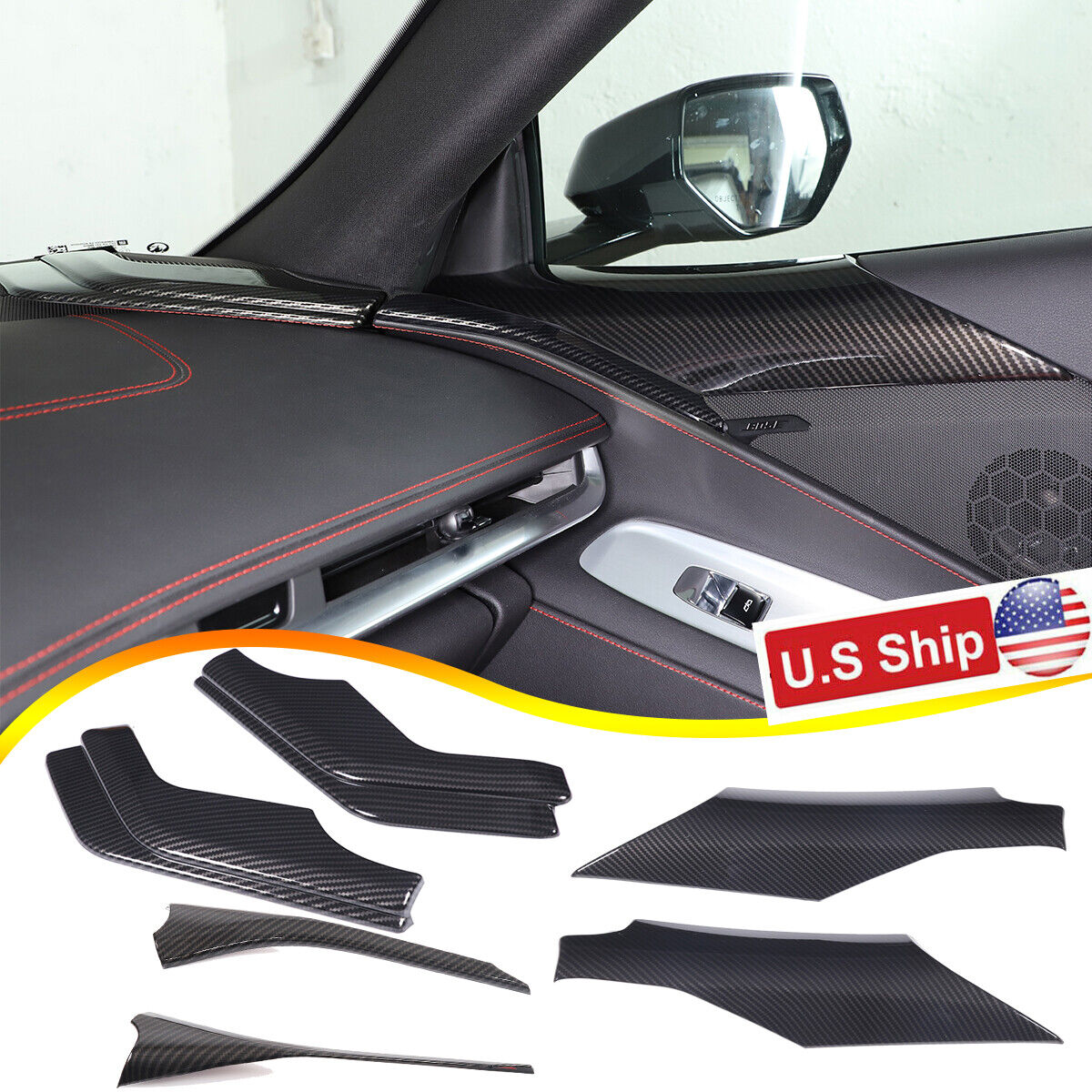 6PCS Carbon Fiber Pattern Interior Door Panel Cover Set For Corvette C8 2020-23