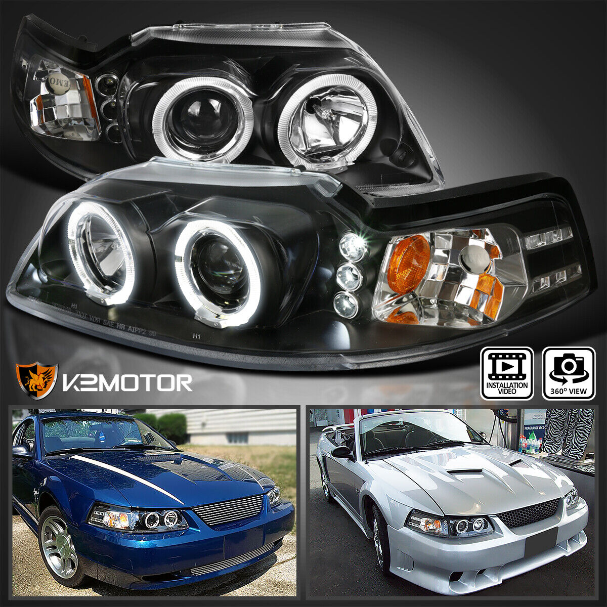 Fits Black 1999-2004 Ford Mustang LED Halo Projector Headlights Lamps Left+Right