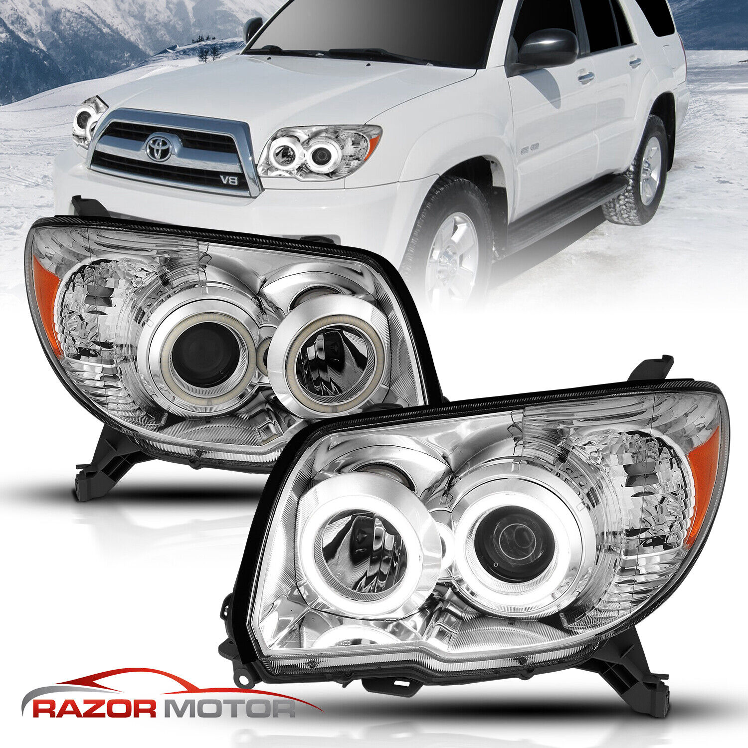 2006-2009 Dual LED Halo Chrome Projector Headlights Pair For Toyota 4Runner SUV