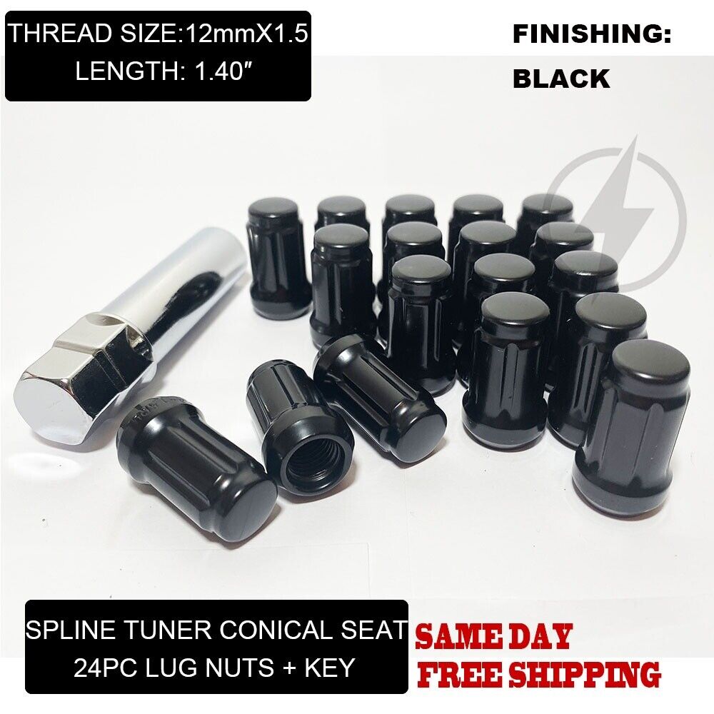 20 Black Tuner Racing Lug Nuts For Aftermarket Wheels 12x1.5 + 6 Spline Key
