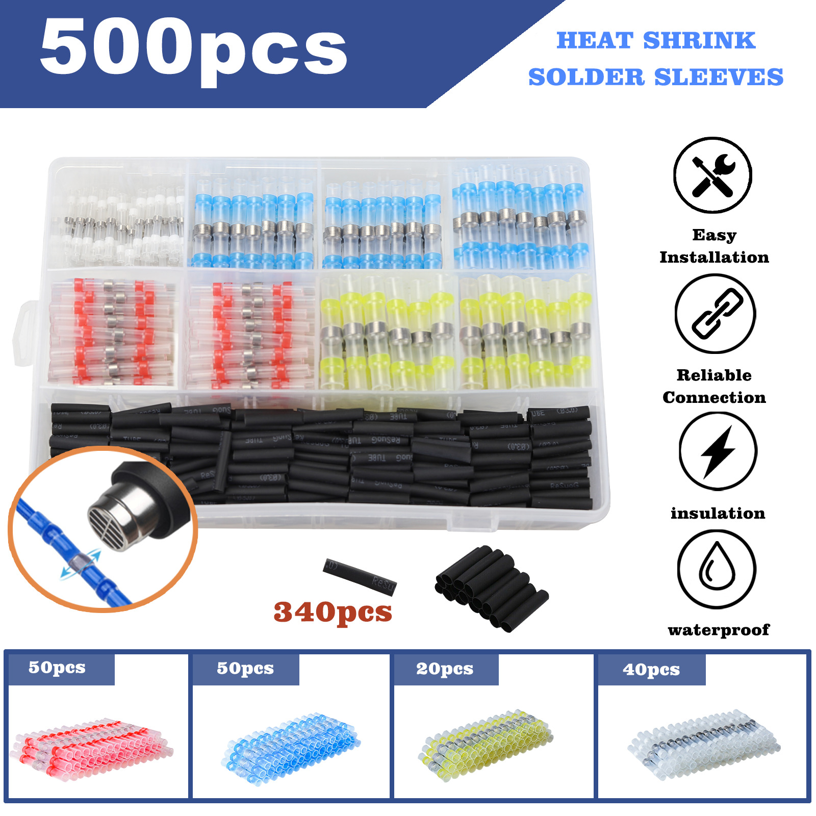 Waterproof 500PCS Solder Sleeve Seal Heat Shrink Butt Wire Connectors Terminals