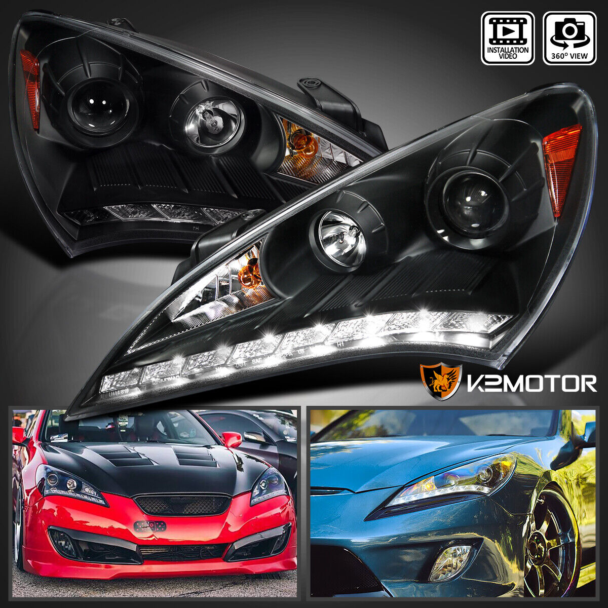Black Fits 2010-2012 Hyundai Genesis 2Dr Coupe LED Strip Projector Headlights