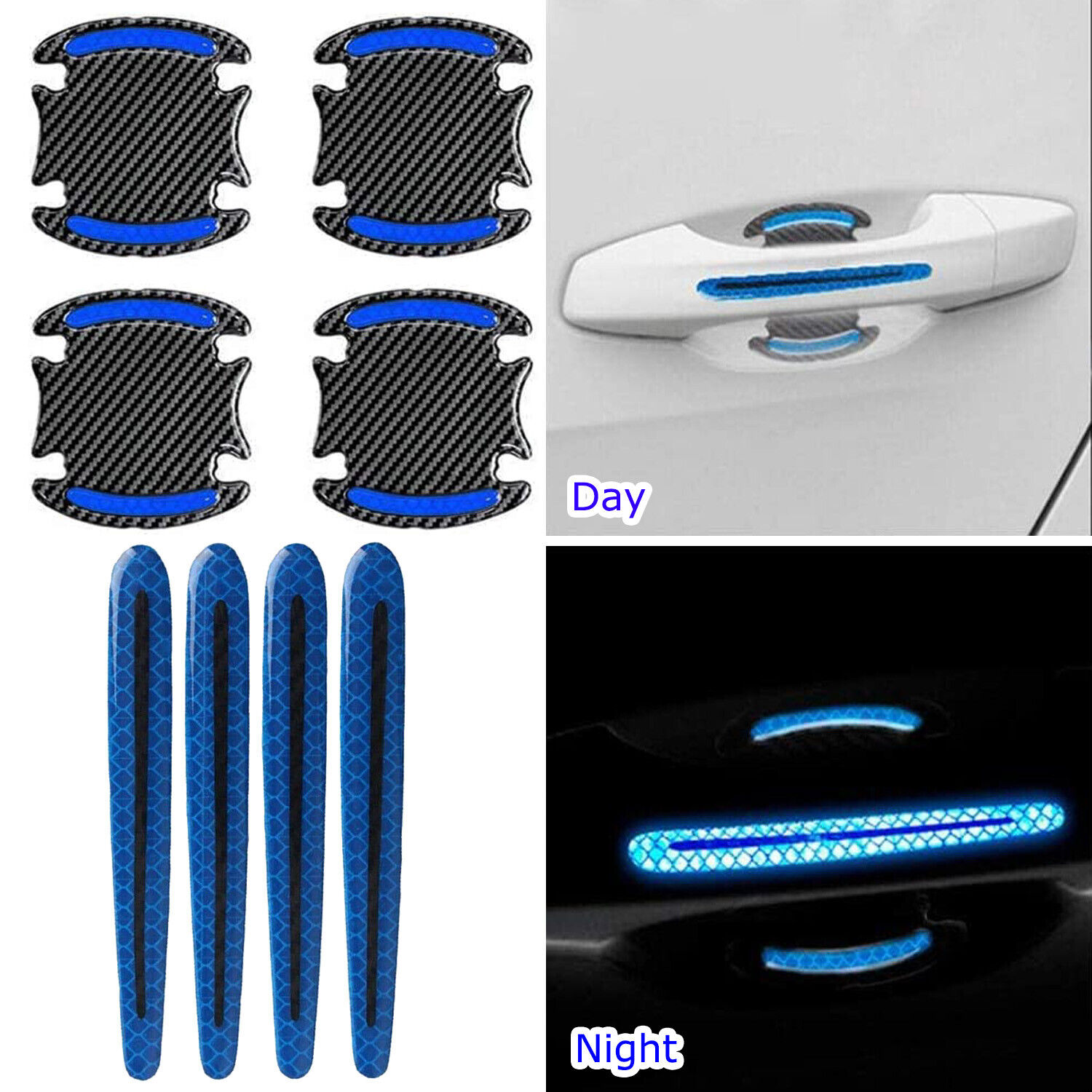8x Reflective Car Door Handle Safety Strip Protective Film Sticker Warning Decal