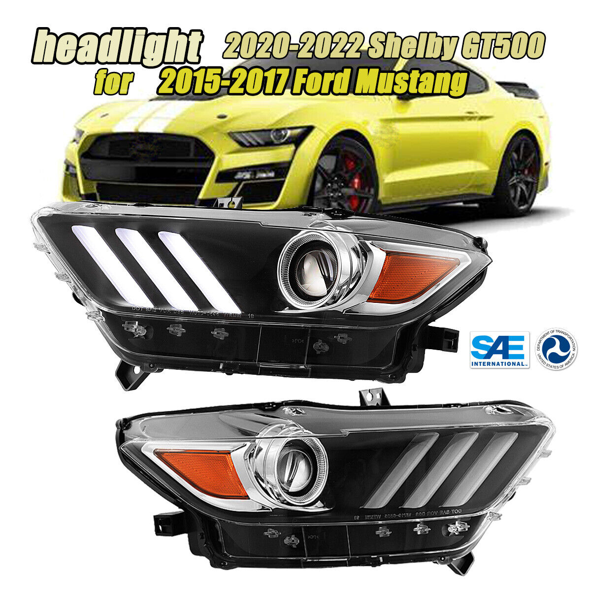 Headlights 2015-2017 Ford Mustang HID Xenon LED Headlamp 2020-2022 Shelby GT500
