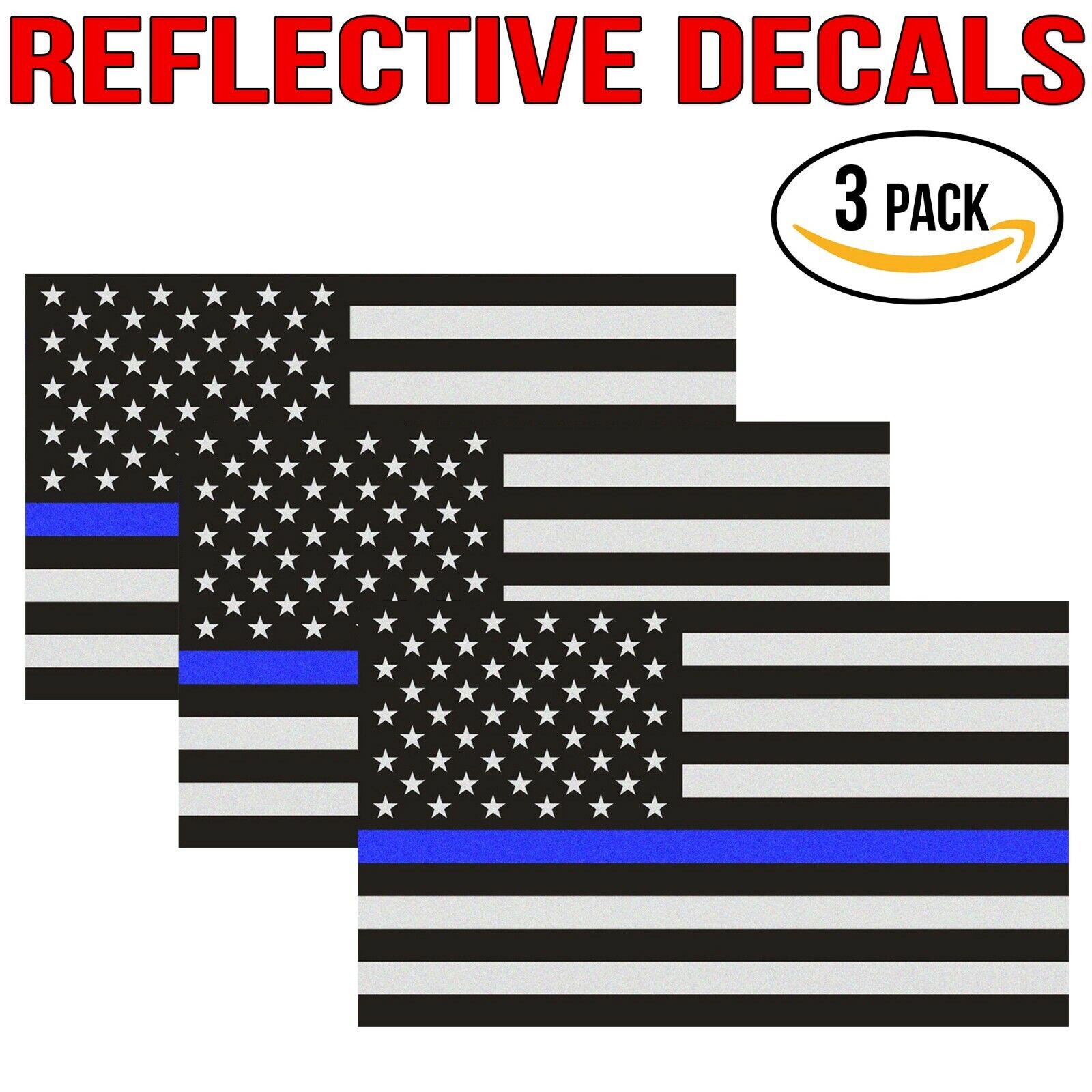  Reflective Thin Blue Line Decal - 3x5 in. American Flag Decal Police  3 PACK