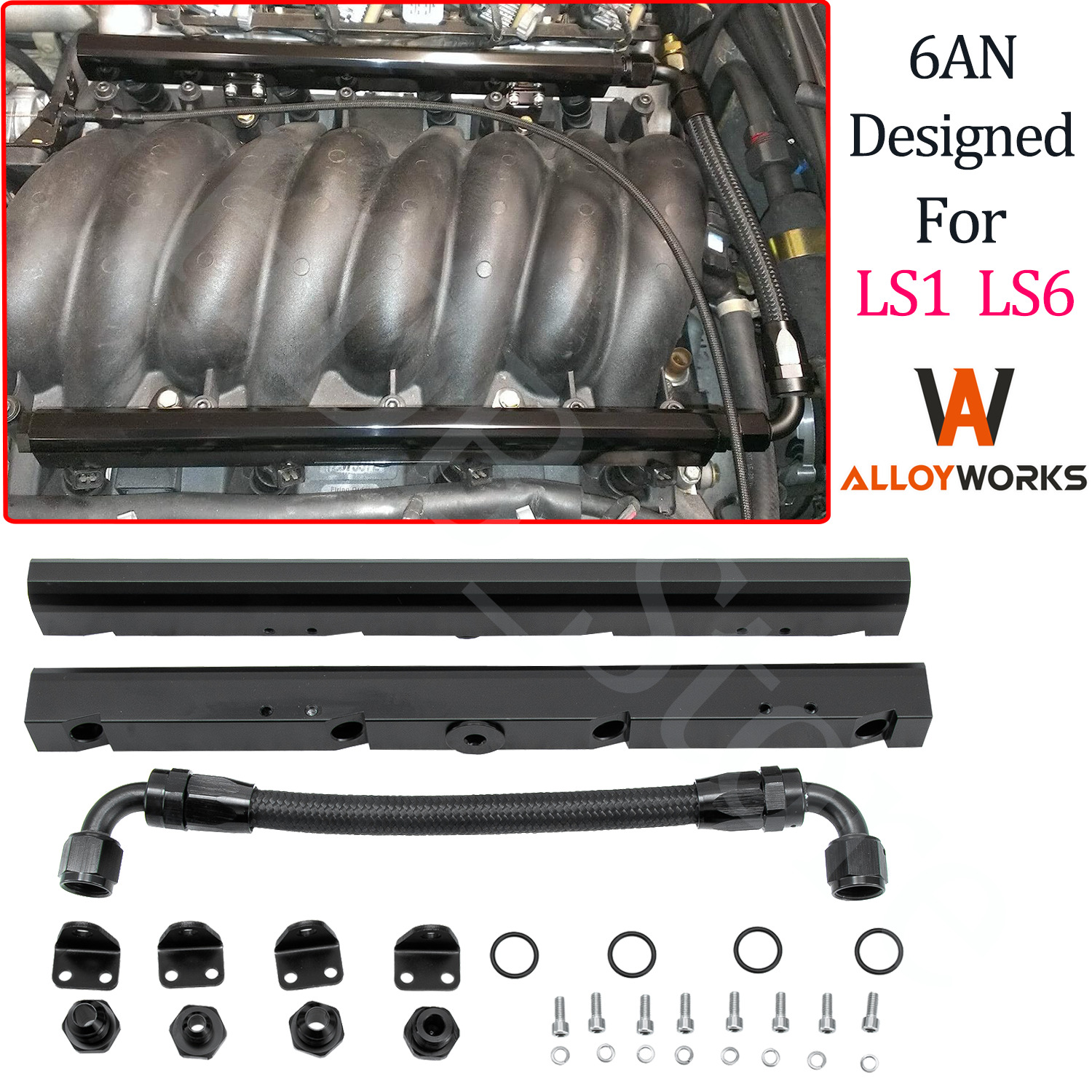Black Fuel Rails w/ Fittings & Crossover Hose Kit for LS1/ LS6 -6AN High Flow