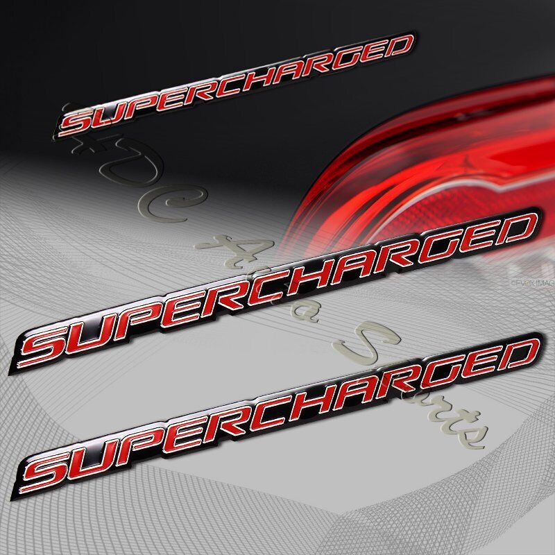 2 x Universal Red Supercharged Aluminum Adhesive Sticker Decal Emblem Badge
