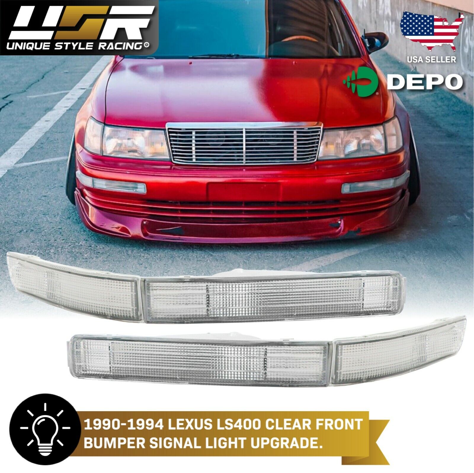 DEPO JDM Clear Front Bumper Signal Light Pair For 1990-1994 Lexus LS400 / LS 400