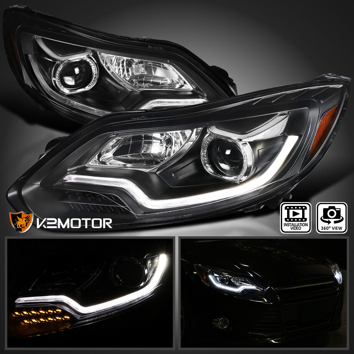 Black Fits 2012-2014 Ford Focus LED Strip Projector Headlights Lamps Left+Right