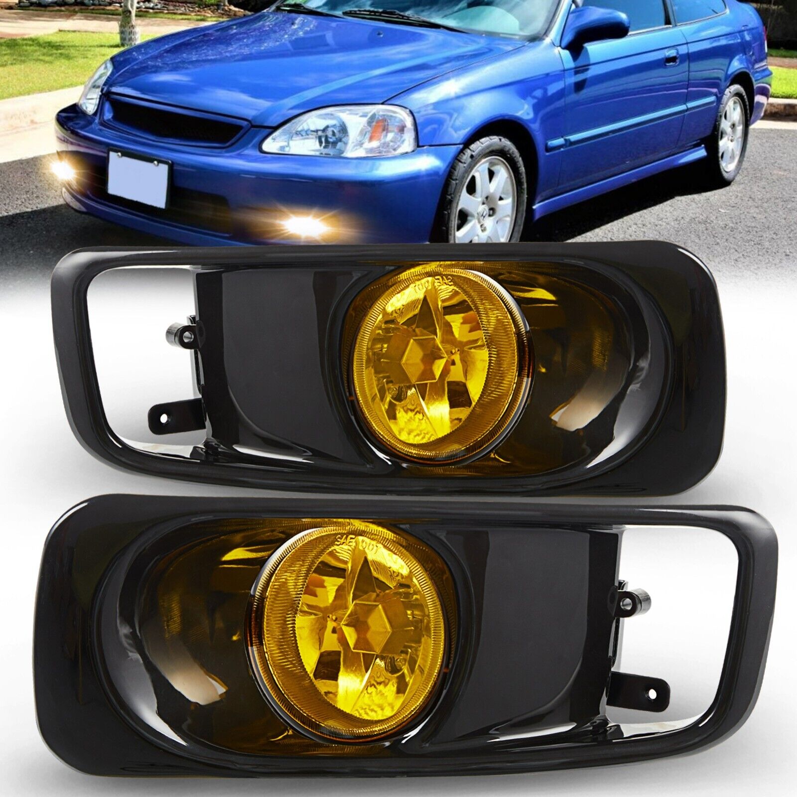 For 99-00 Honda Civic Yellow Lens Pair Bumper Fog Lights with Switch+Wiring Kit