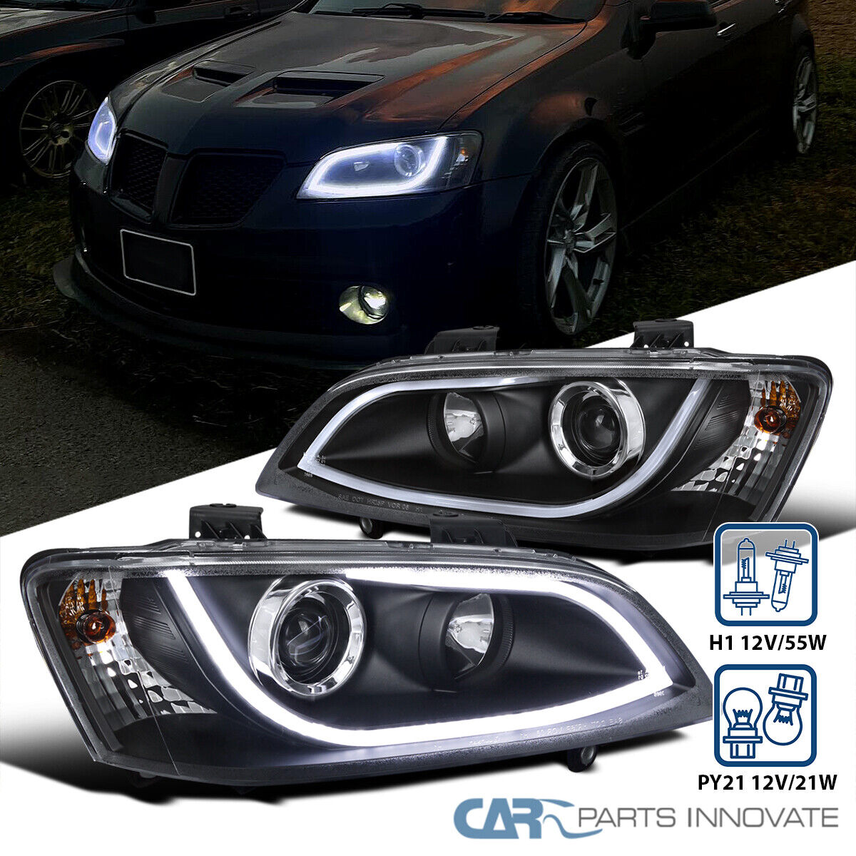 Fits 08-09 Pontiac G8 Black LED Strip Bar Projector Headlights Head Lights Lamps
