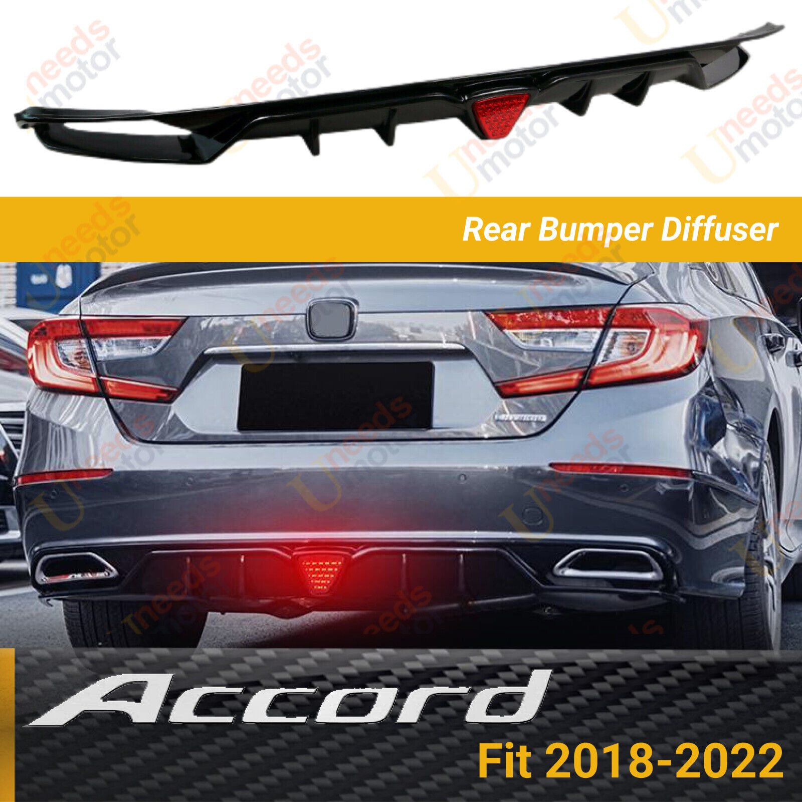 Fit Honda Accord 2018-2022 Sport Rear Diffuser Gloss Black w/Red LED Brake Light