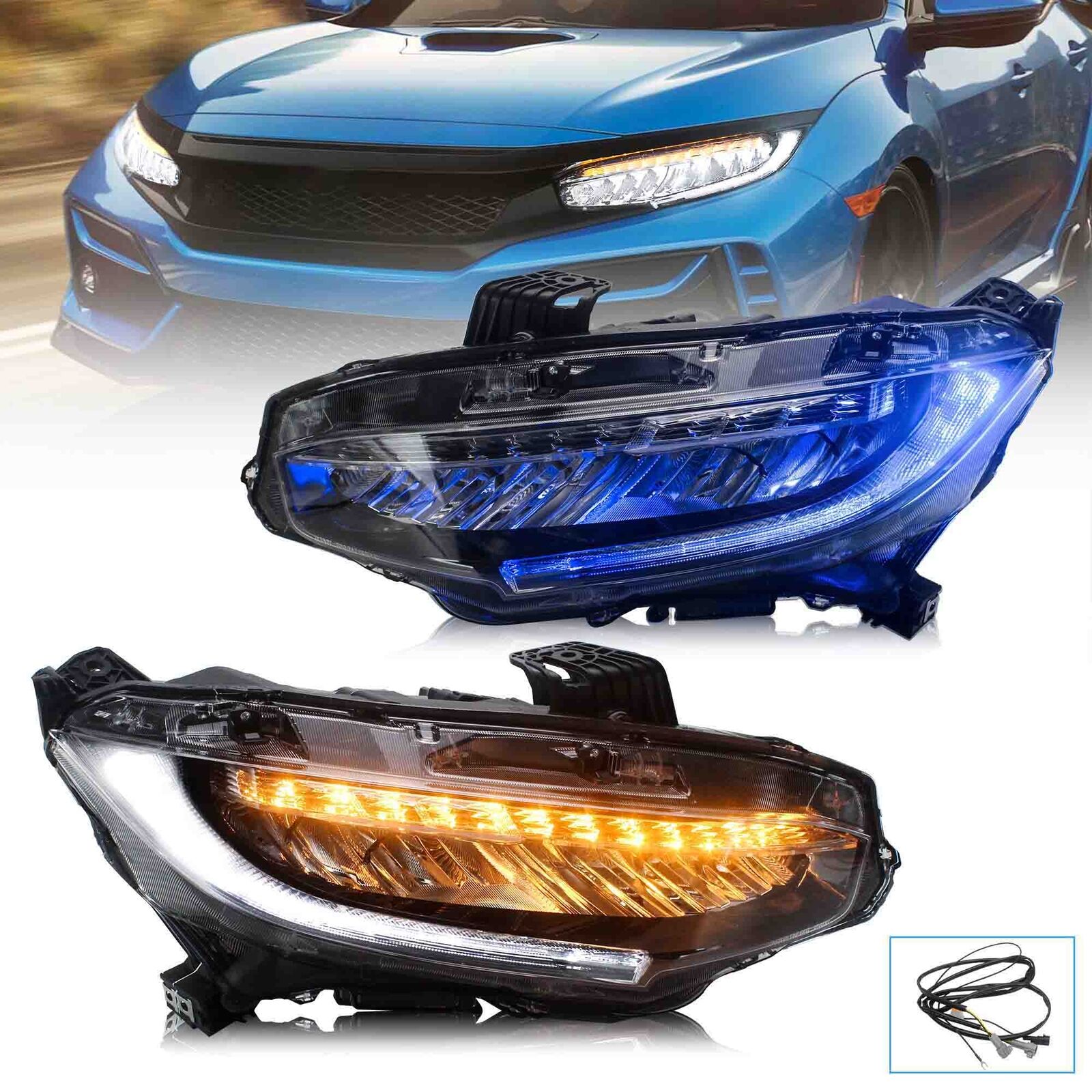VLAND LED Headlight For 2016-21 Honda Civic Blue Animation DRL Sequential Signal