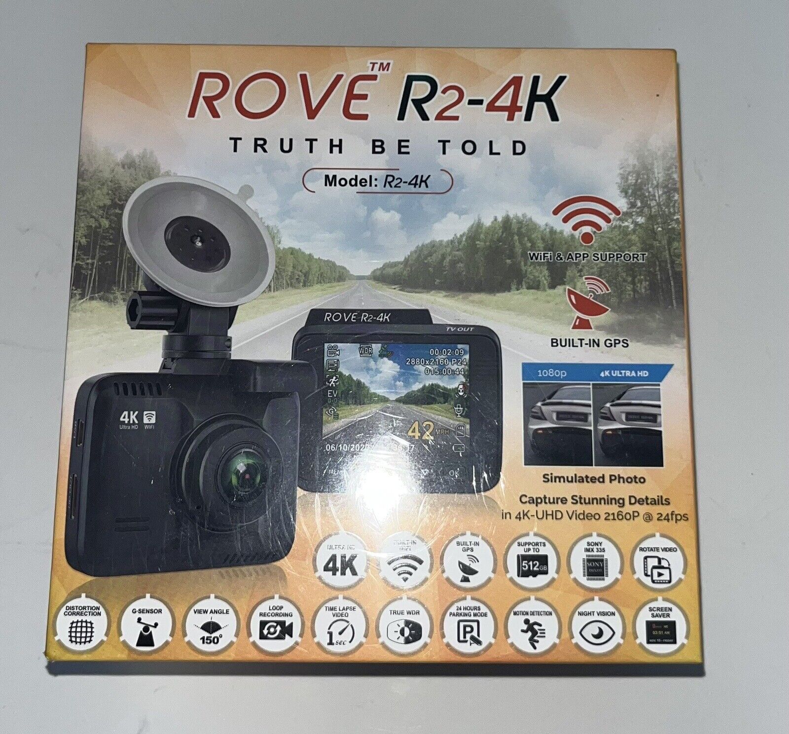 Rove R2-4K Car Dash Cam - 4K Ultra HD 2160P - Built-In WiFi & GPS Supports 512GB