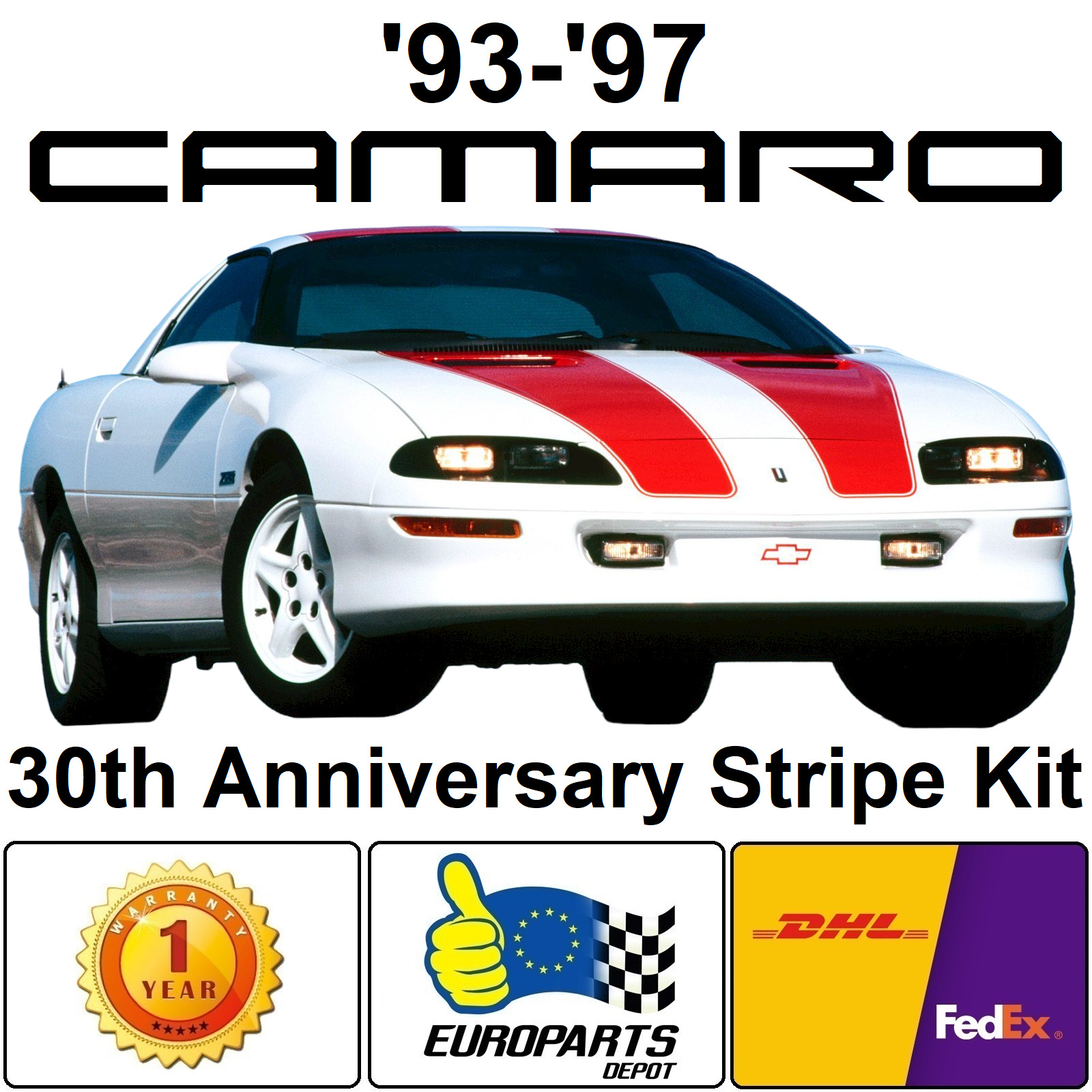 1993-1997 Chevrolet Camaro 30th Anniversary Racing Stripes Decal Kit Coupe T-Top