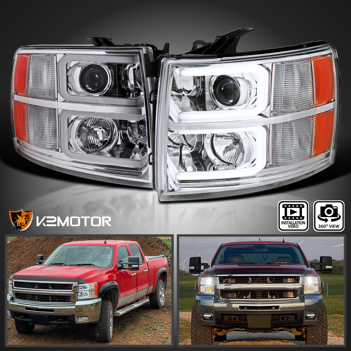 Fits 2007-2014 Chevy Silverado 1500 2500 3500 LED Strip Projector Headlights