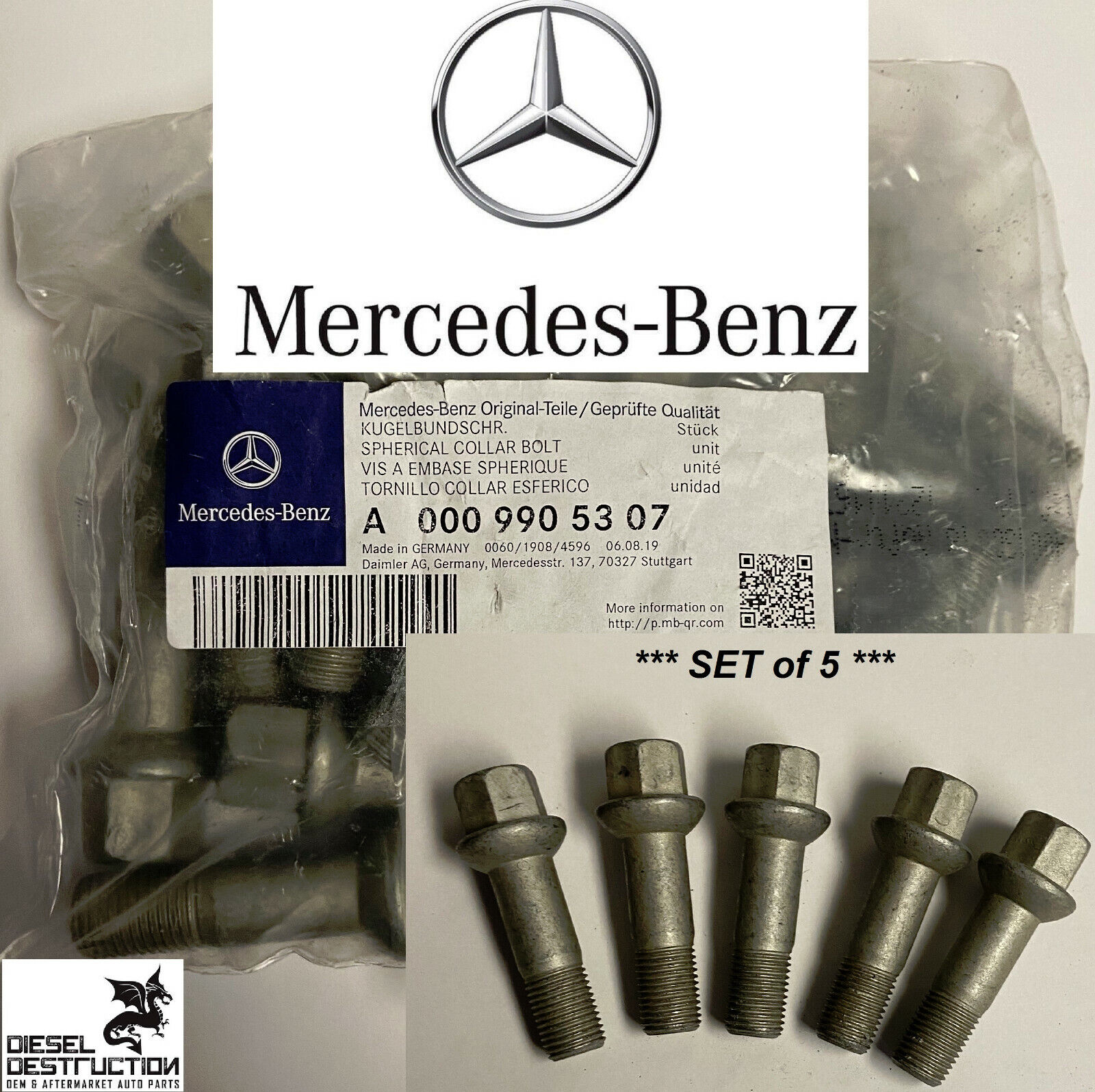 5PCS OEM# 000-990-53-07 Genuine Mercedes Benz Wheel Bolts Made in Germany