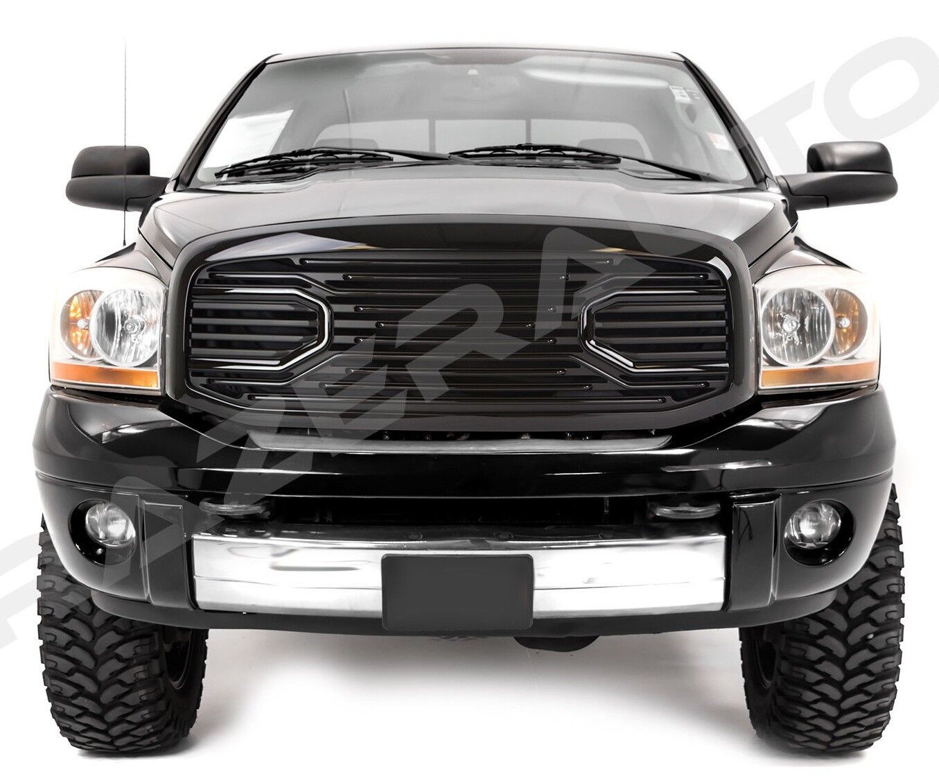 Front Gloss Black Big Horn Grille+Replacement Shell for 06-09 Dodge RAM 2500+350