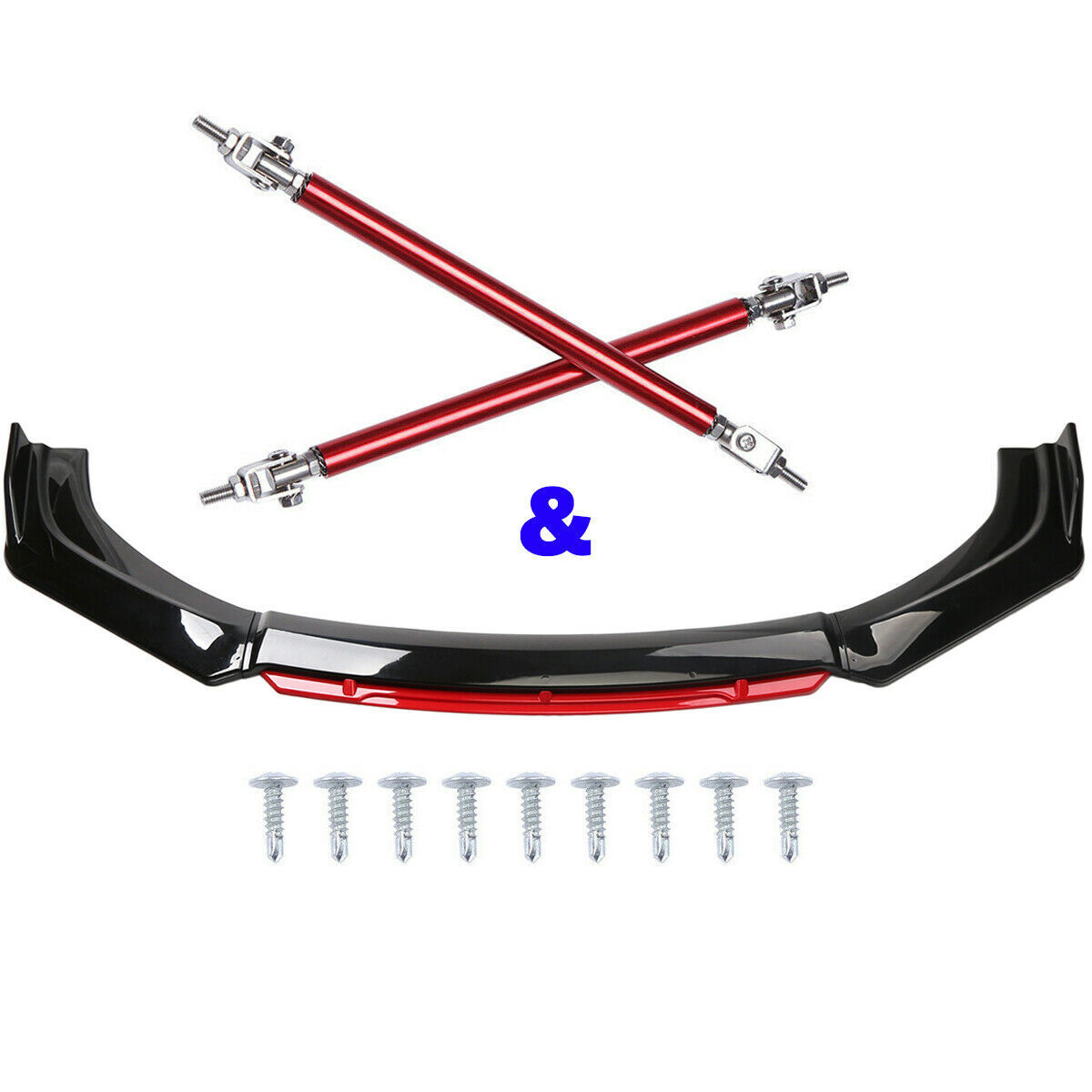 For Universal Car Front Bumper Lip Spoiler Splitter Body Kit BLK+ Red Strut Rods