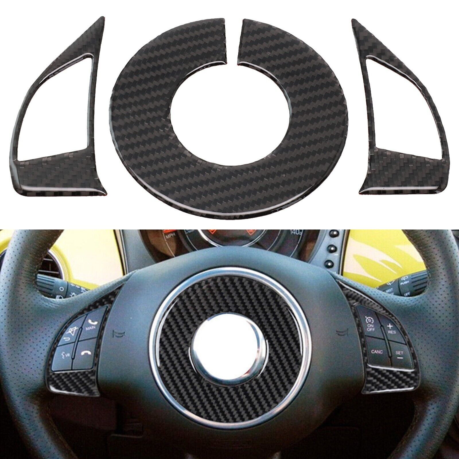 3Pcs Carbon Fiber Interior Steering Wheel Accent Cover Trim For Fiat 500 2012-15