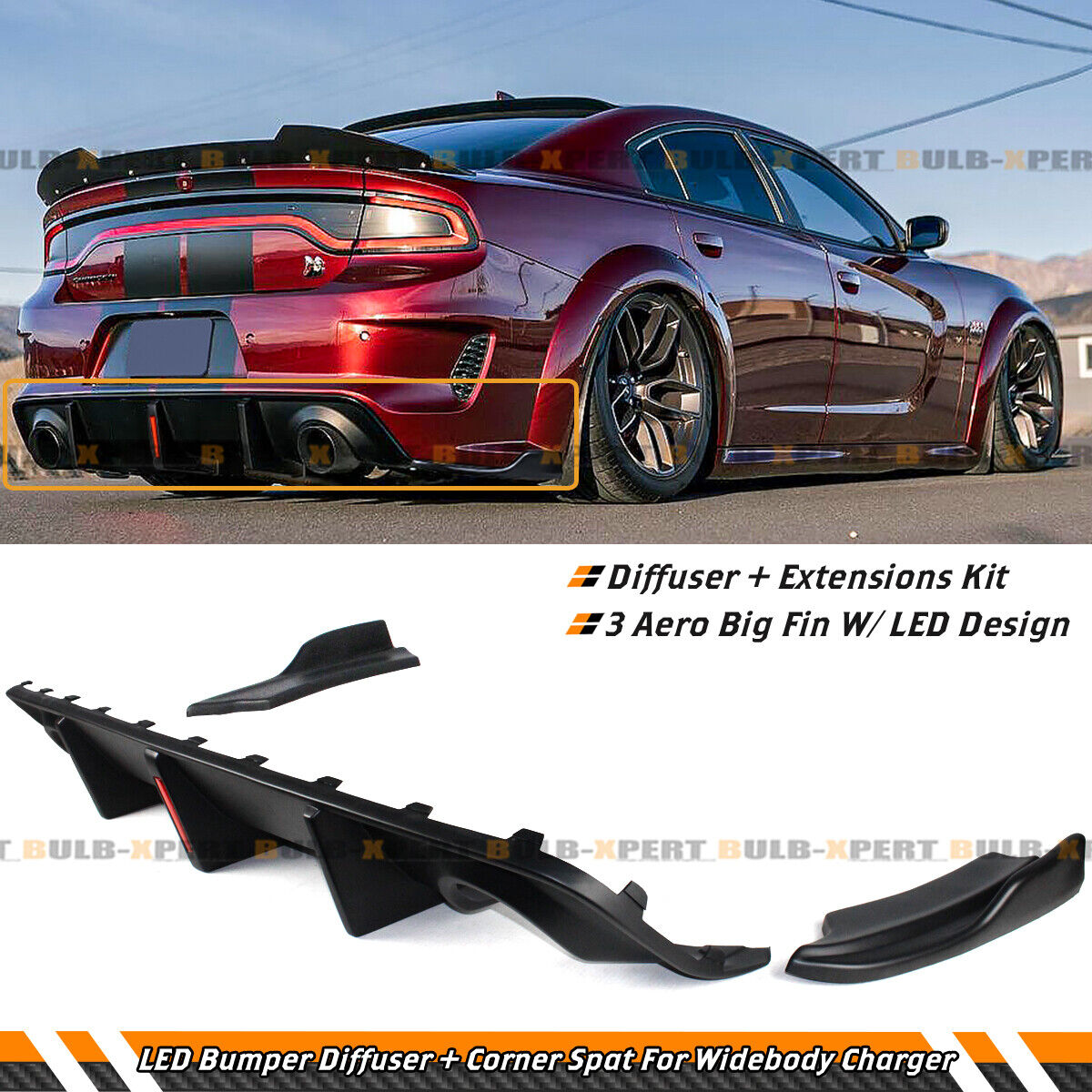 For 20-23 Dodge Charger Widebody LED Rear Bumper Diffuser + Side Extension Spat
