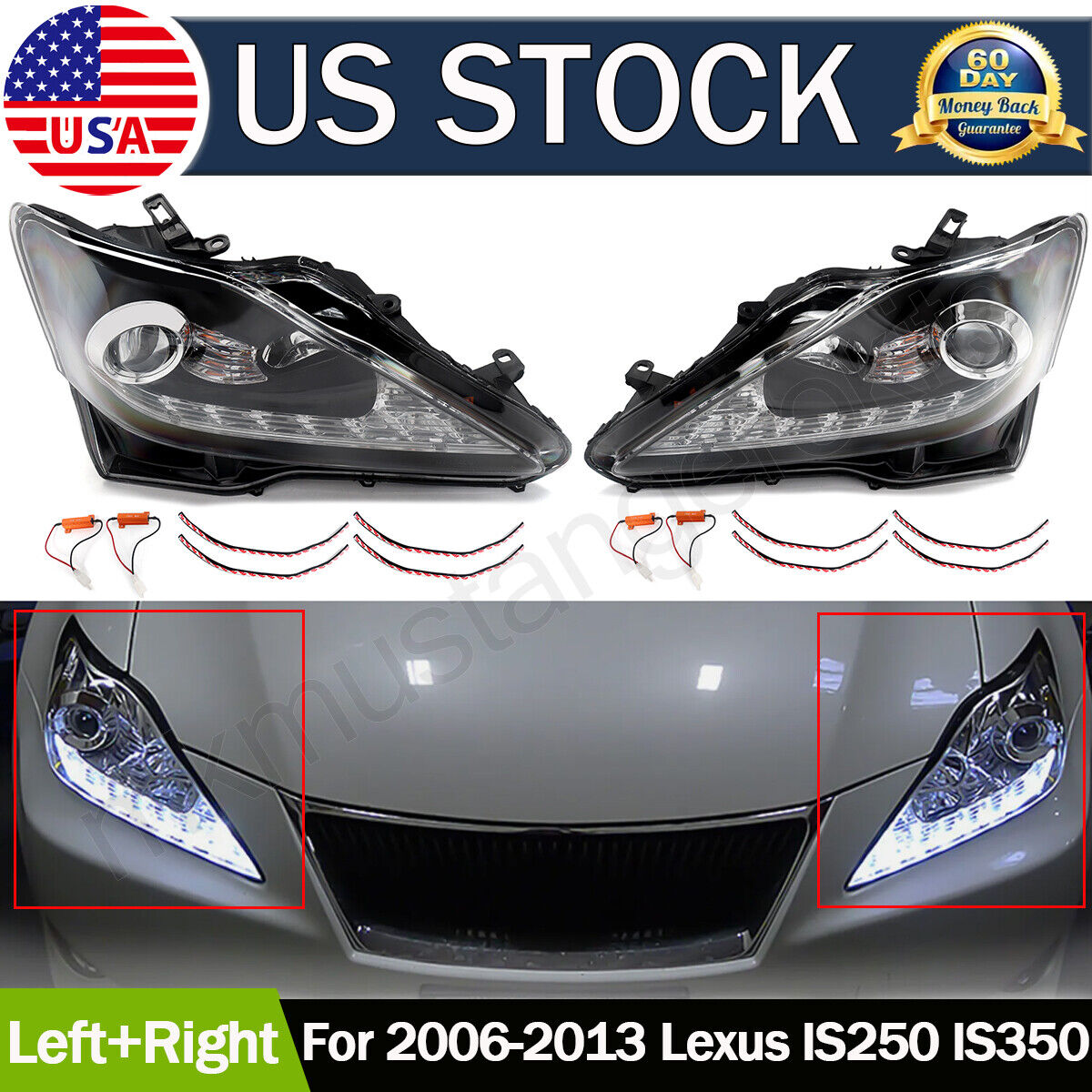 2x For 2006-2013 Lexus IS250 IS350 Left+Right LED DRL Projector Headlights Black