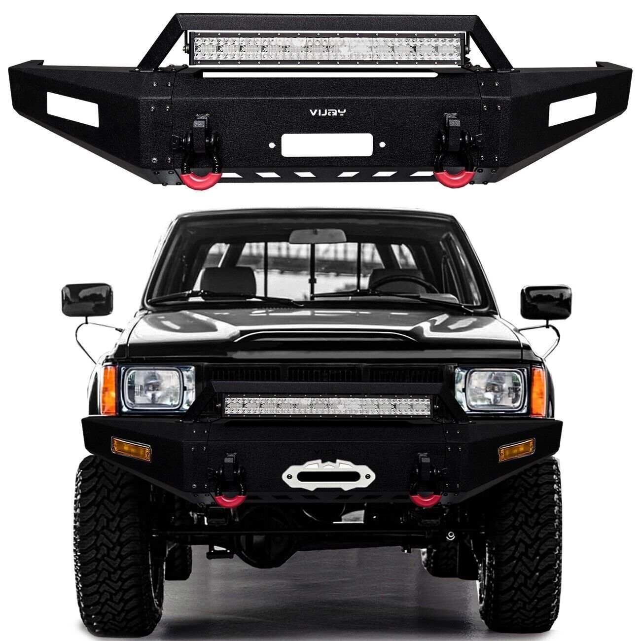 Vijay Fit 1989-1995 Toyota Pickup Steel Front Bumper with D-Rings and LightBar