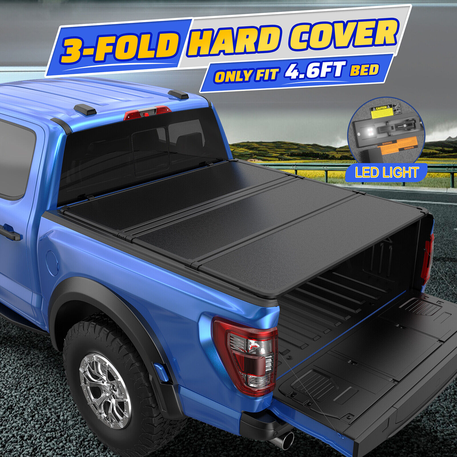 4.5/4.6FT 3-Fold Hard Tonneau Cover For 2022 2024 Ford Maverick Truck Bed w/ LED