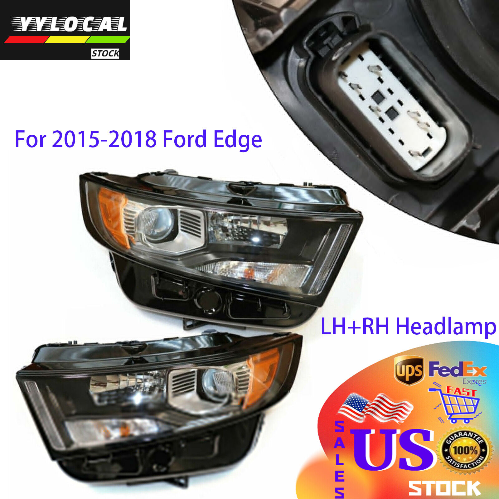 Headlight Set For 2015 2016 2017 2018 Ford Edge Left+Right Headlamp Assembly