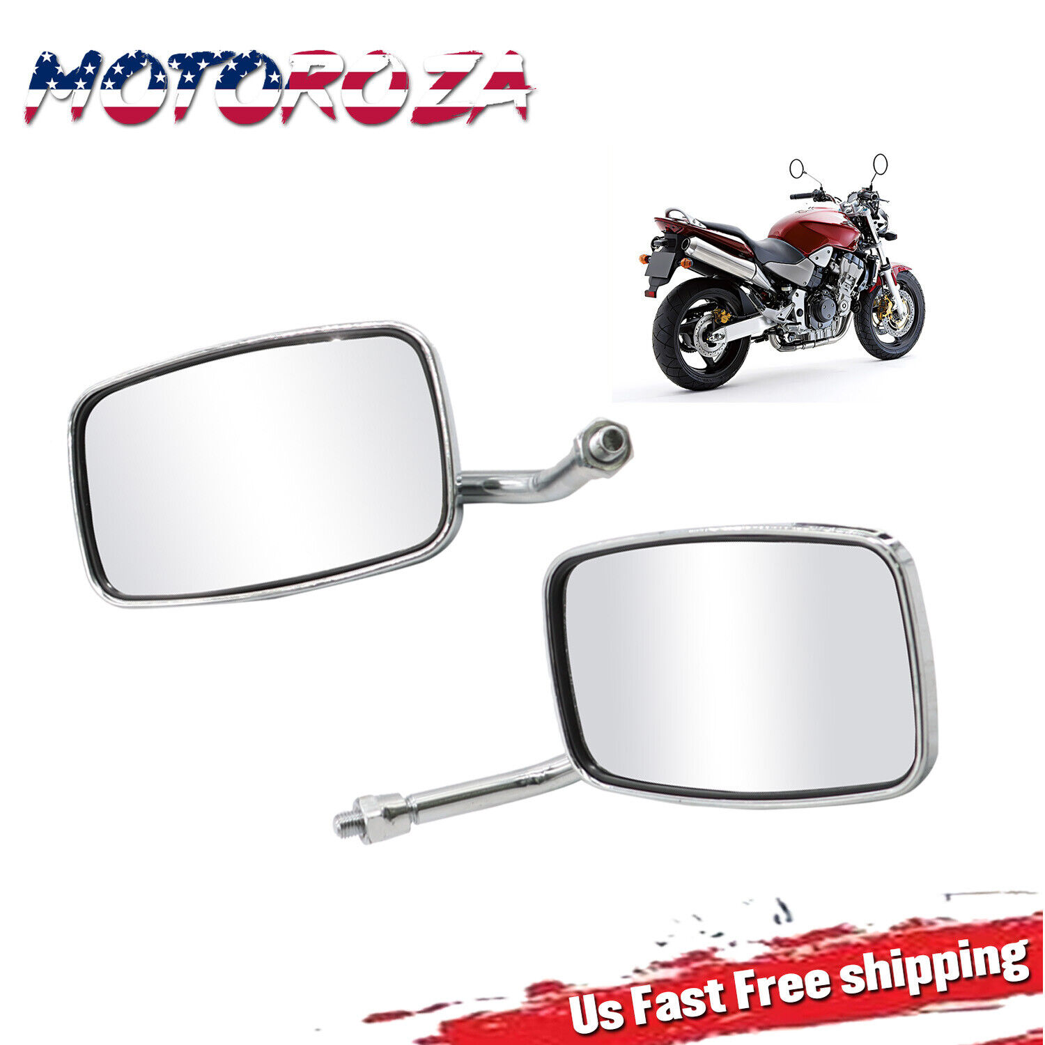 10mm Chrome Motorcycle Square Reaview Mirrors Long Stem For Honda Suzuki