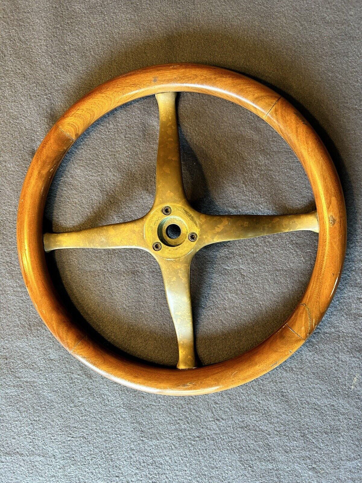 Antique 14” Brass & Wood Steering Wheel 