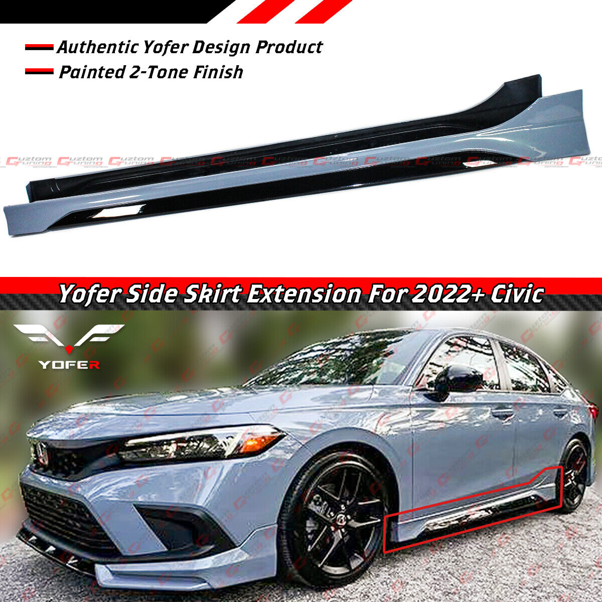 For 2022-2024 Honda Civic Yofer Sonic Gray Black 2 Toned Side Skirt Extension