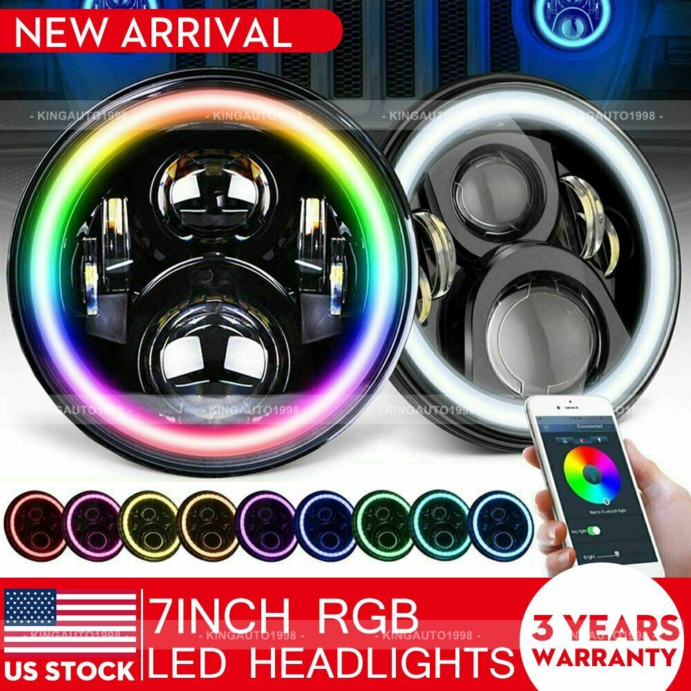 For Jeep Wrangler JK TJ LJ RGB Halo 7\'\' LED Headlights DRL Lights Combo 2PCS Kit