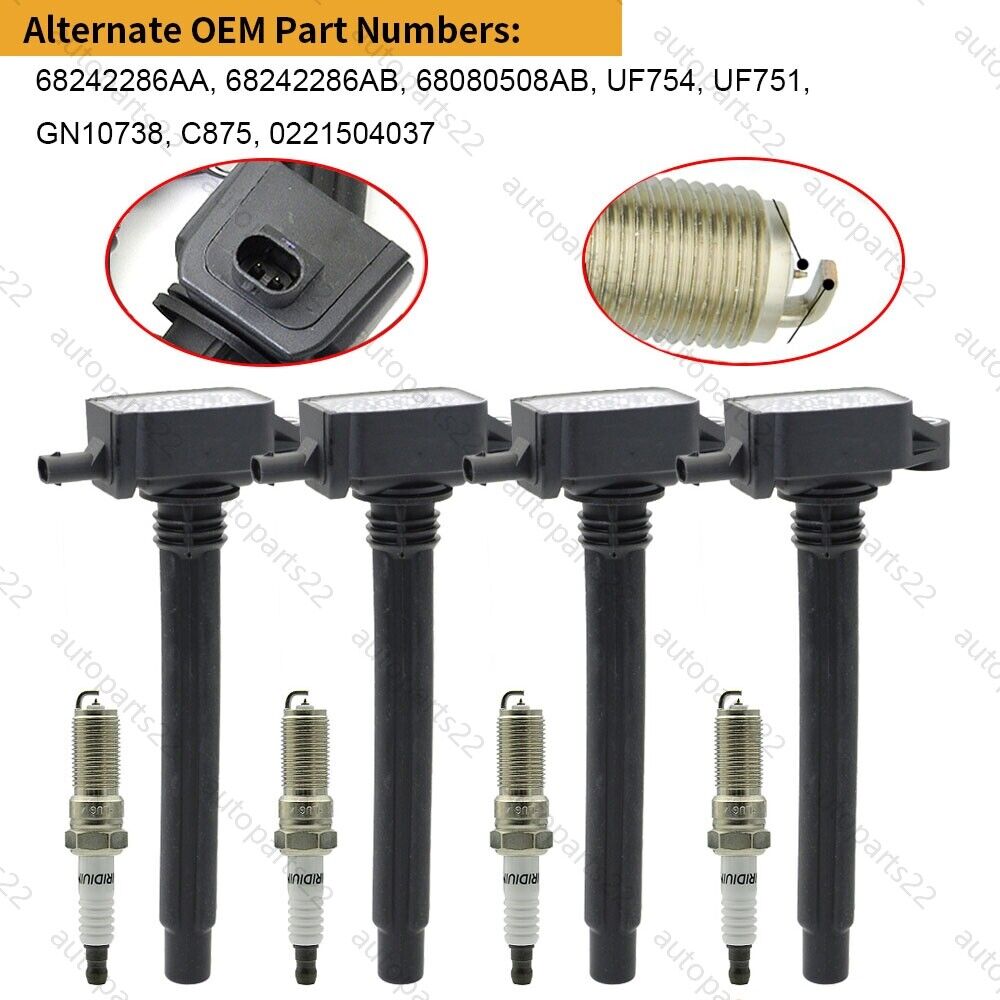 4 Ignition Coil+ Spark plug For Jeep Cherokee Compass Chrysler 200 2.4L L4 UF754
