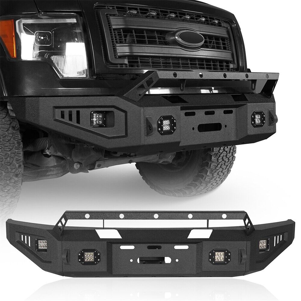 Bull Bar Full Width Front Bumper w/ Winch Plate & Lights For 2009-2014 Ford F150