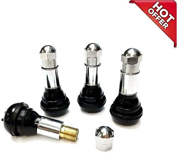 TR413 SNAP-IN TIRE VALVE STEMS WITH CAPS CHROME BLACK RUBBER (4pcs)