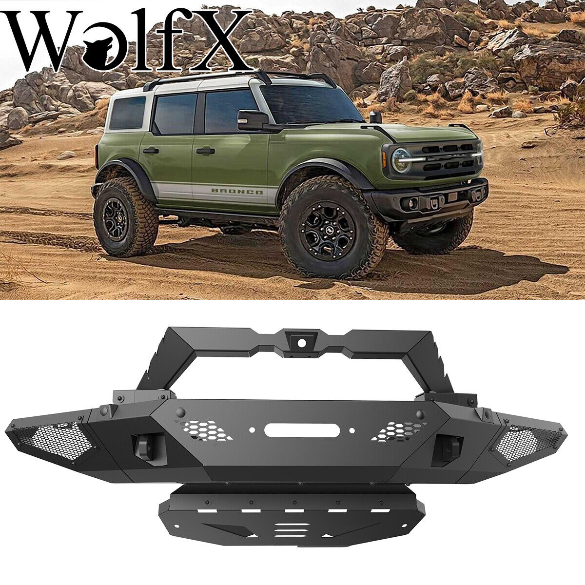 Off-Road Textured Front Bumper Fits 21-23 Ford Bronco+Grill Brush Guard Bull Bar
