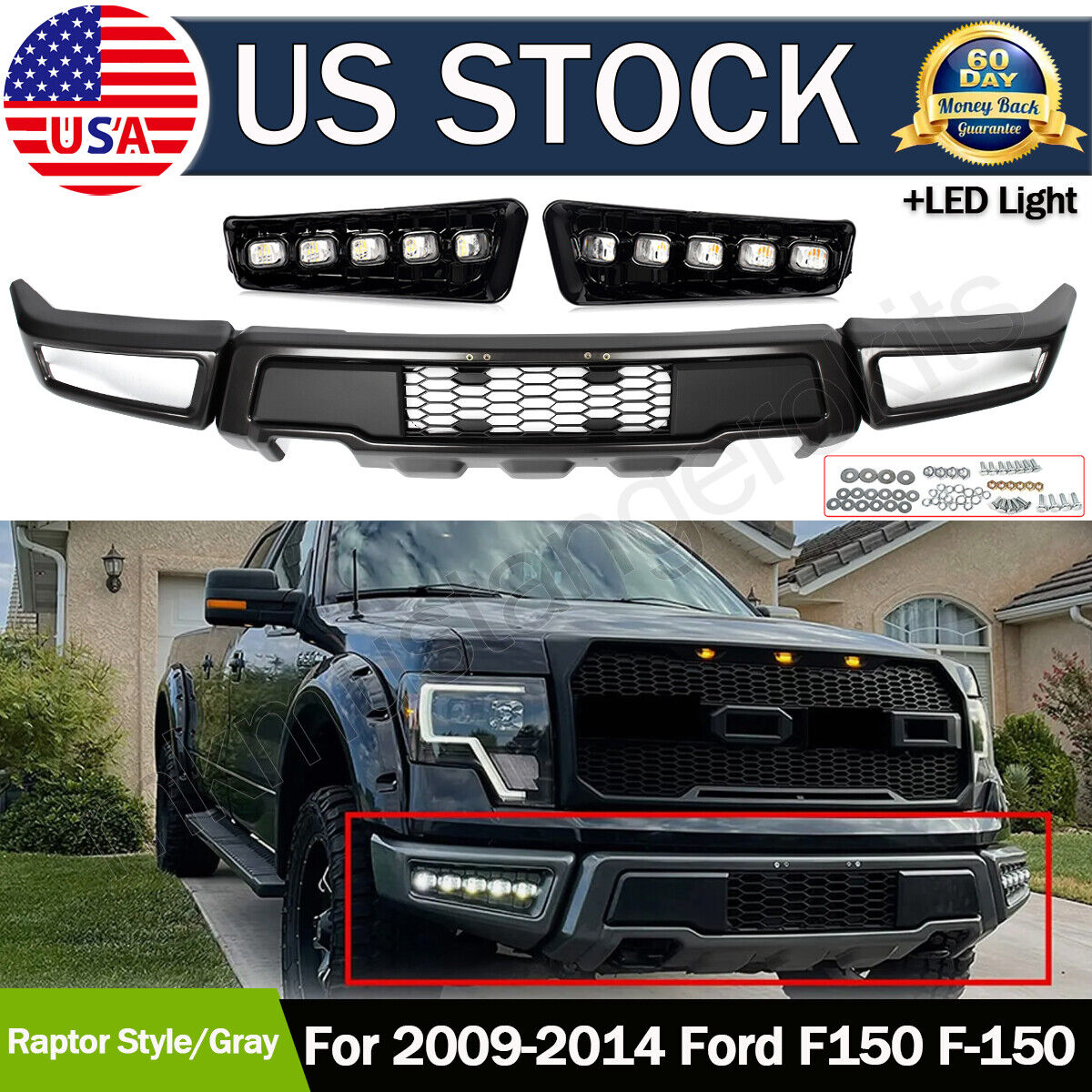 For 09-2014 Ford F150 F-150 Steel Gray Front Bumper Assembly w/LED Raptor Style