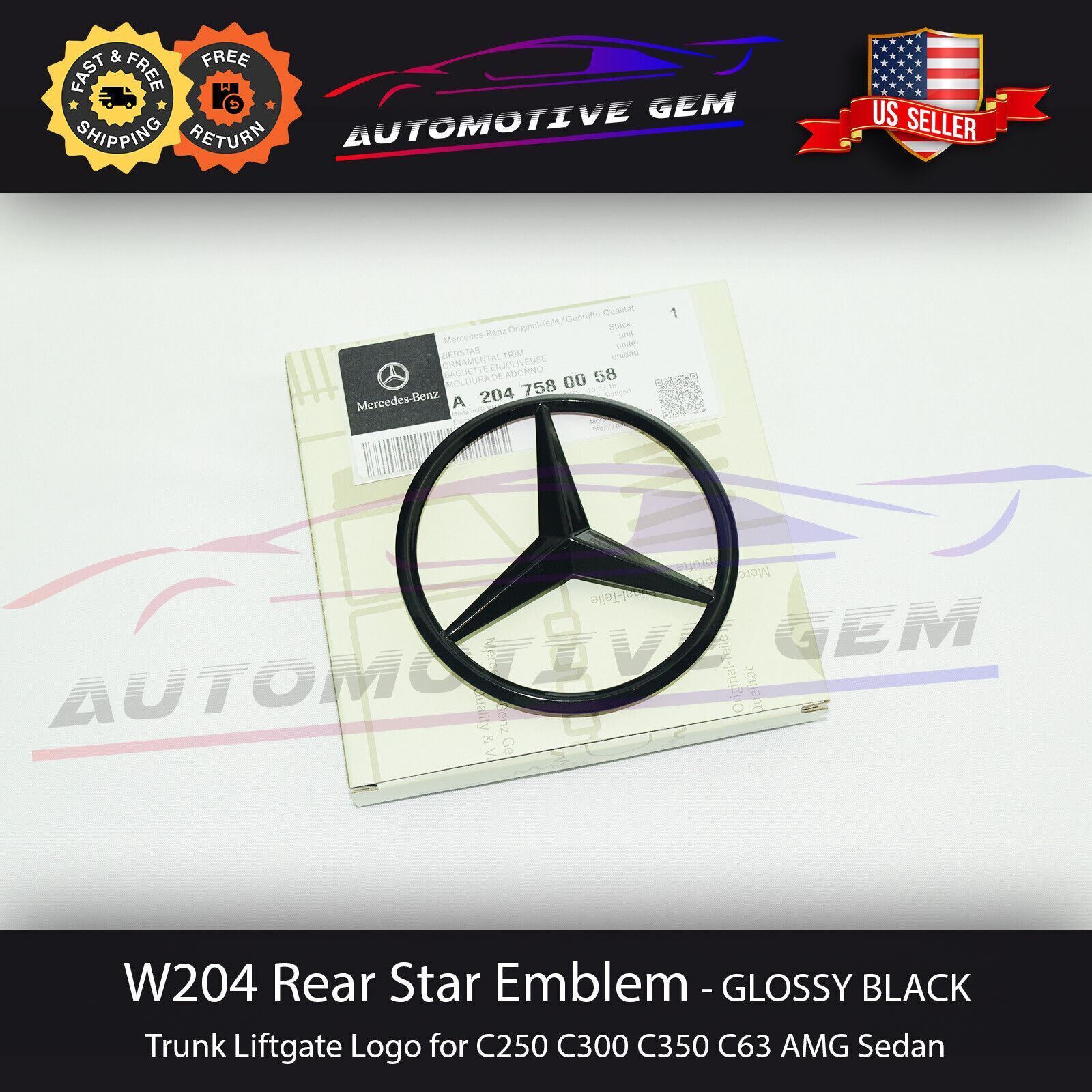 W204 Mercedes GLOSS BLACK Star Emblem Rear Trunk Lid Logo Badge AMG C300 C63