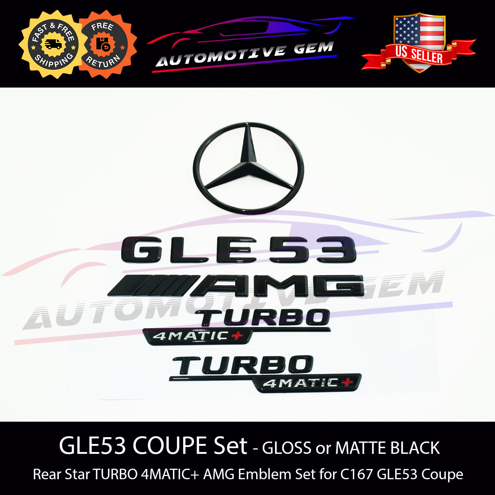 GLE53 COUPE AMG TURBO 4MATIC+ Rear Star Emblem Black Badge Set for Mercedes C167