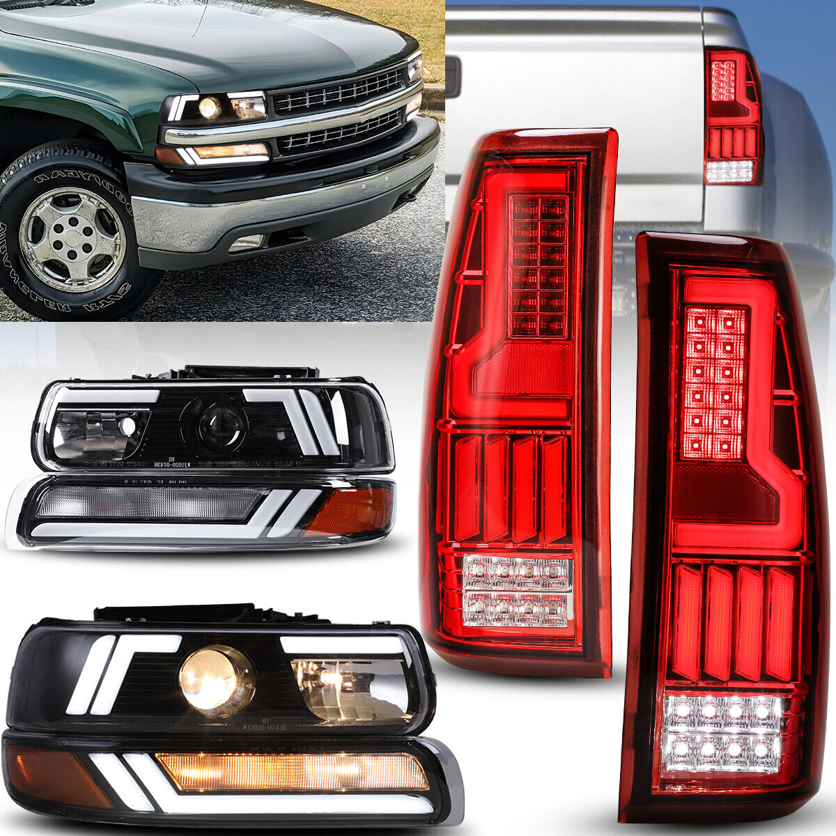Headlights+Bumper Lamp+Taillights For1999-2002 Chevy Silverado 1500 2500 L+R LED