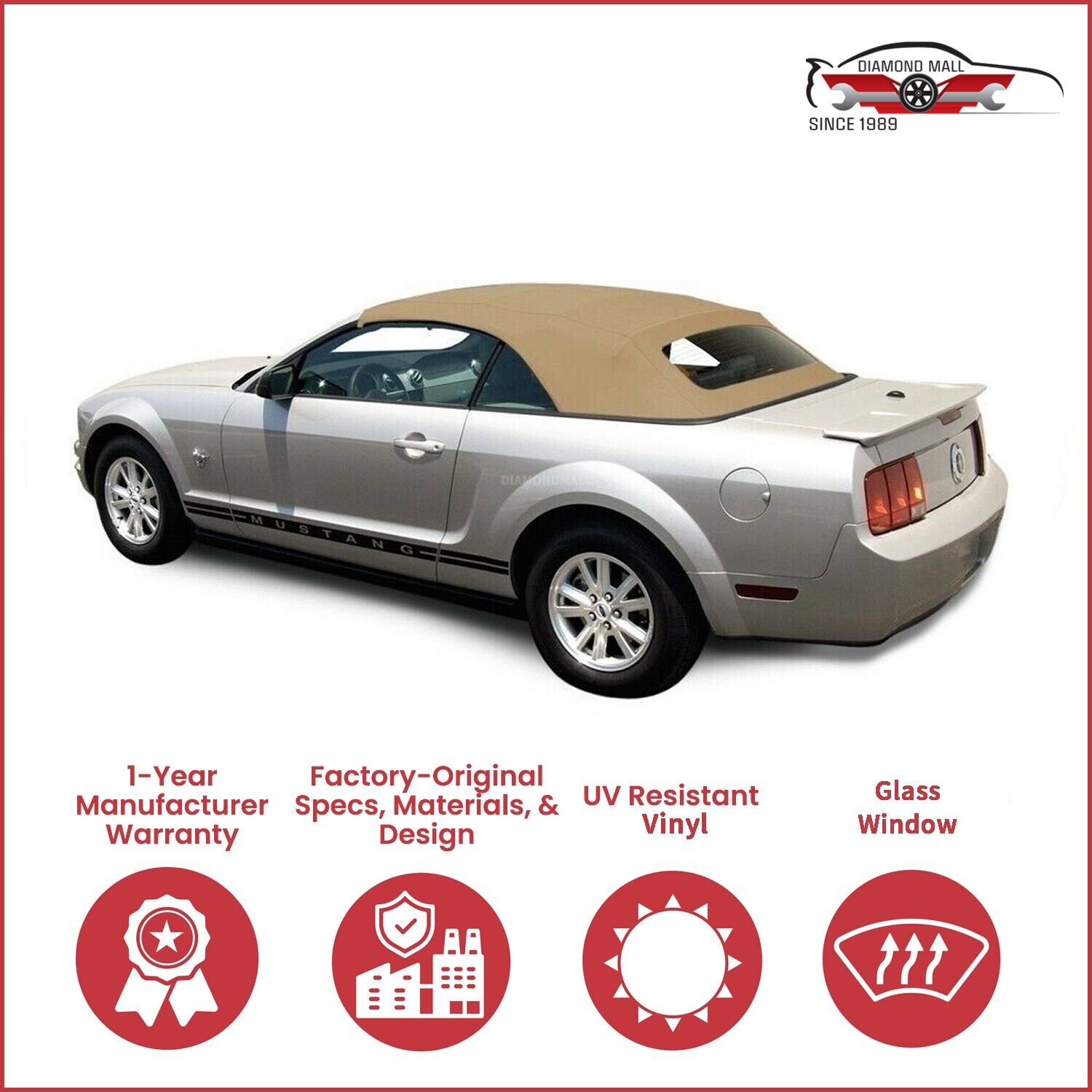 2005-14 Ford Mustang Convertible Soft Top w/ DOT Approved Glass Window, Camel