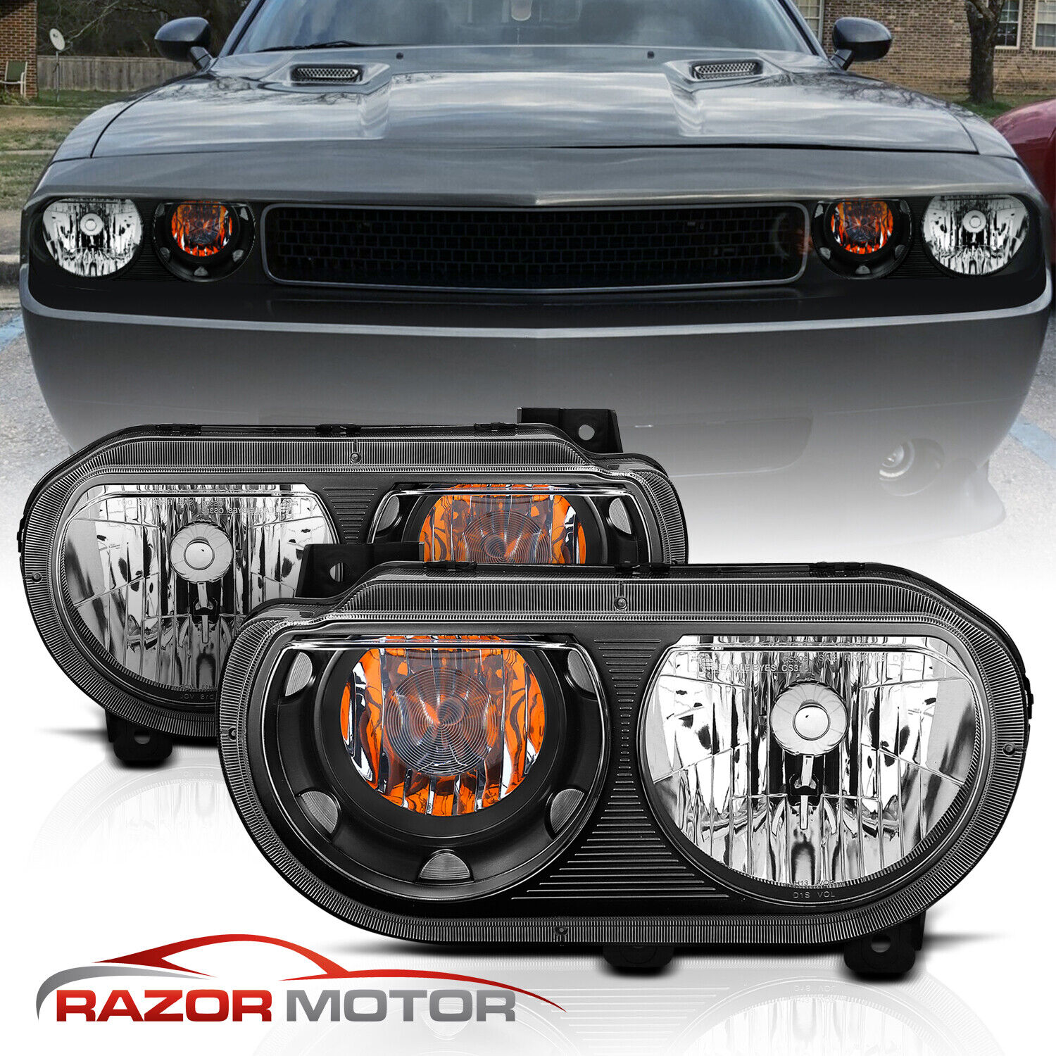 For 2008-2014 Dodge Challenger JDM Headlights Lamp Replacement Black Left+Right