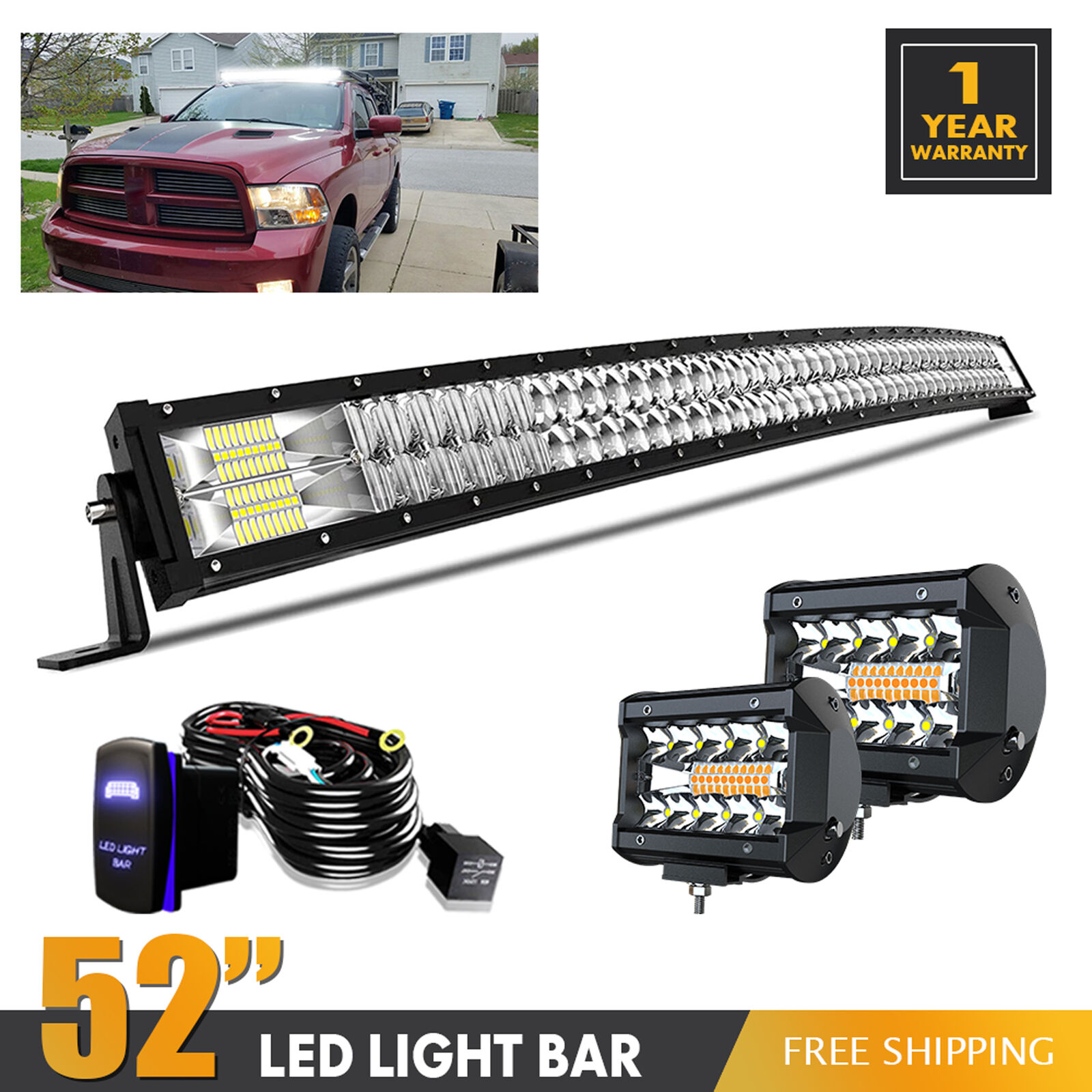 52in 300W Curved LED Light Bar Flood Spot Combo For Driving Truck Offroad Pickup