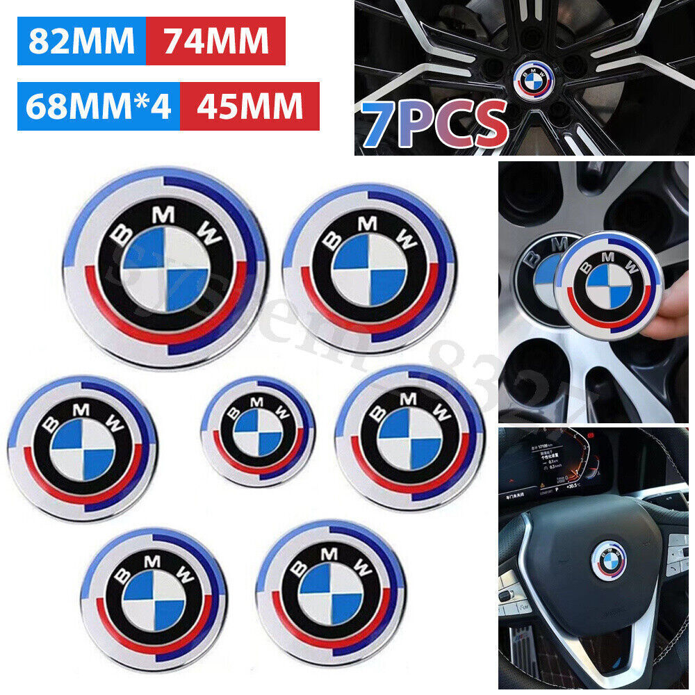 7PCS 50th Anniversary For BMW Emblem Centre Caps Badges Set 82mm 74mm 68mm 45mm