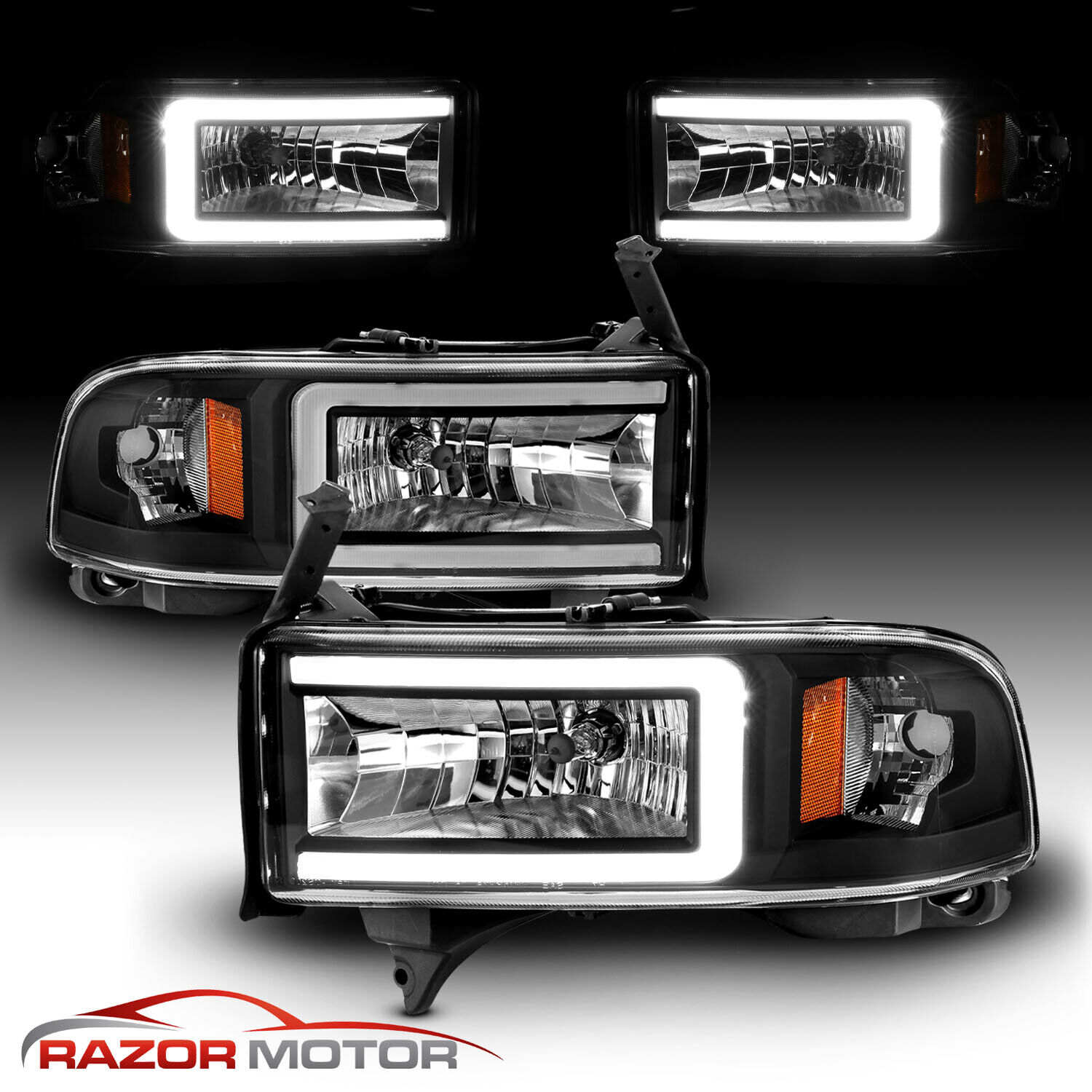 1994-2002  For Dodge Ram 1500 2500 3500 Black LED C LIGHT BAR Headlights