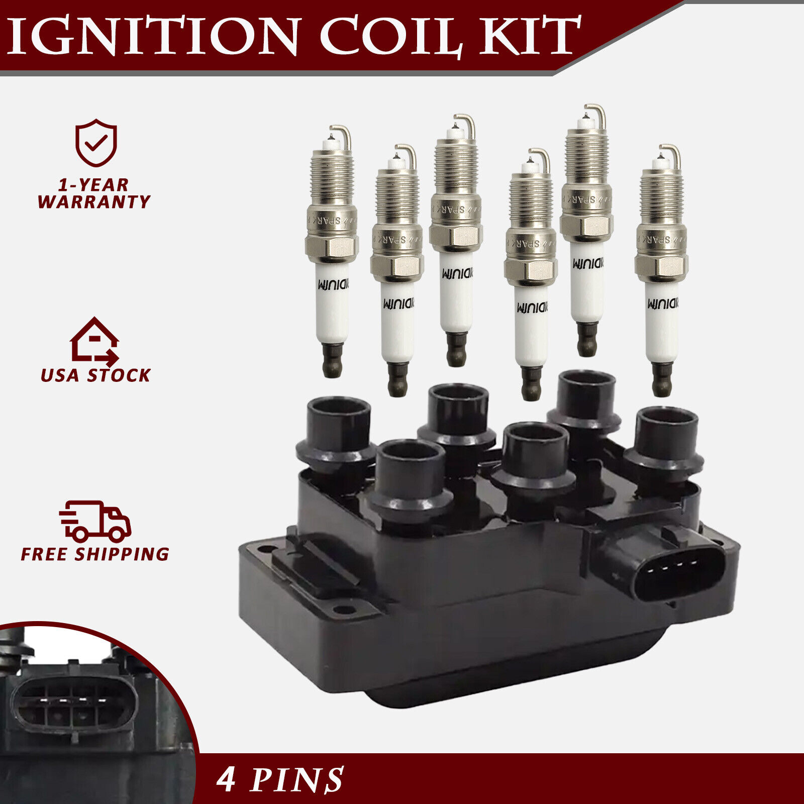 1X Ignition Coil & 6X Iridium Spark Plug Set for Ford Mercury Mazda 1990-2010