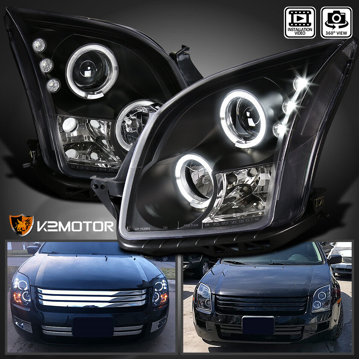 Black Fits 2006-2009 Ford Fusion LED+Halo Projector Headlights Left+Right