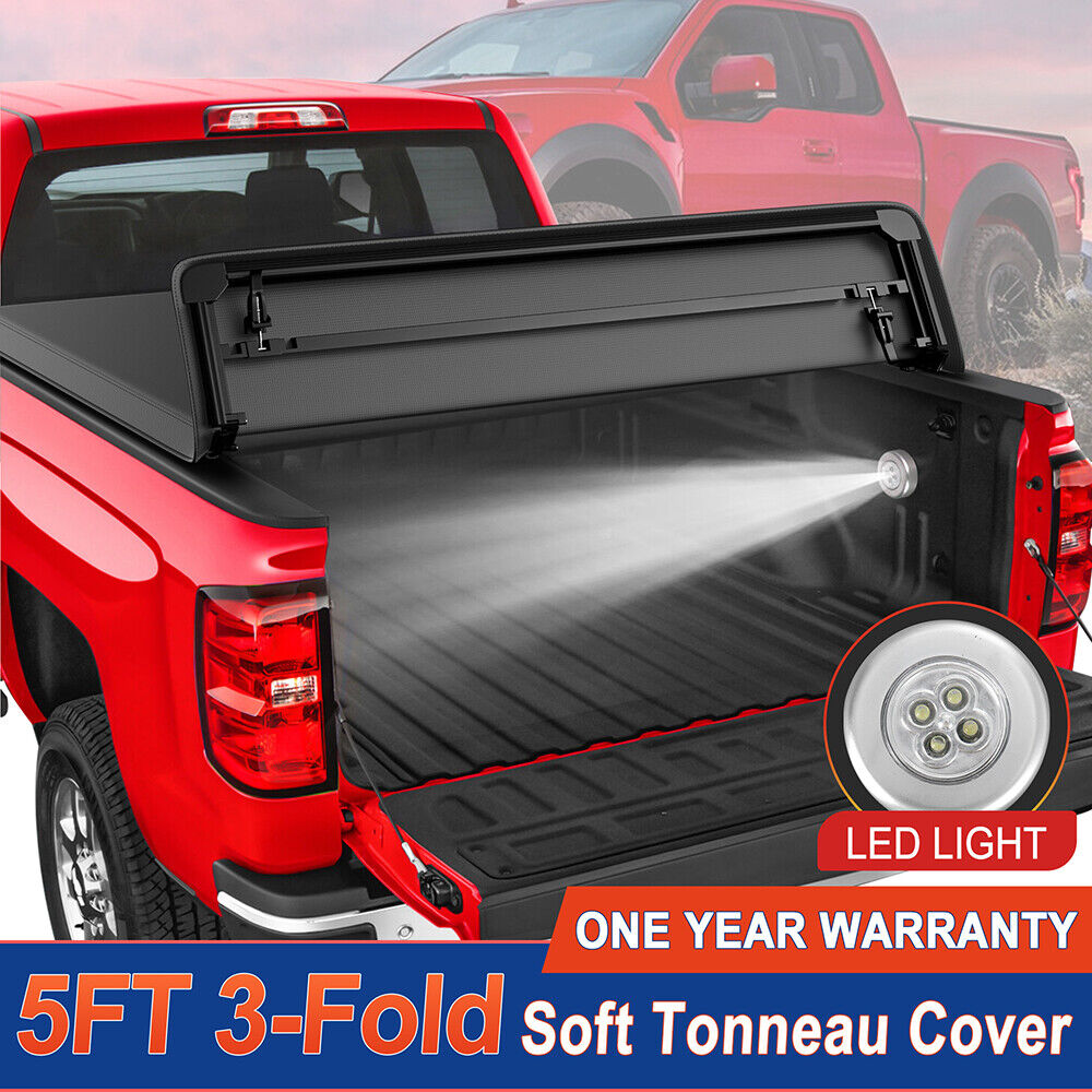 5FT 3-Fold Soft Tonneau Bed Cover For 2004-2012 Chevy Colorado GMC Canyon w/ LED