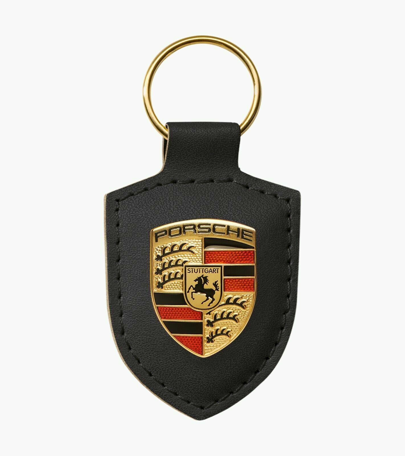 Black Porsche Leather Crest KeyRing Key Chain New